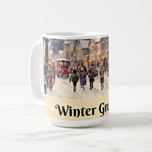 冬のあいさつ、雪の多い街の通り、 コーヒーマグカップ