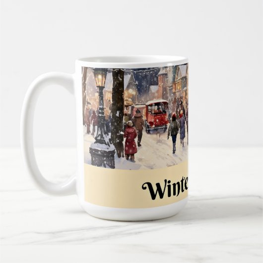 冬のあいさつ、雪の多い街の通り、 コーヒーマグカップ (左)