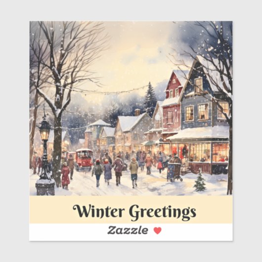 冬のあいさつ、雪の多い街の通り、 シール (シート)