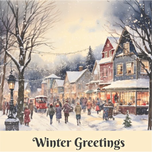 冬のあいさつ、雪の多い街の通り、 シール (正面)