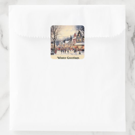 冬のあいさつ、雪の多い街の通り、 スクエアシール (バッグ)