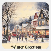 冬のあいさつ、雪の多い街の通り、 スクエアシール (正面)