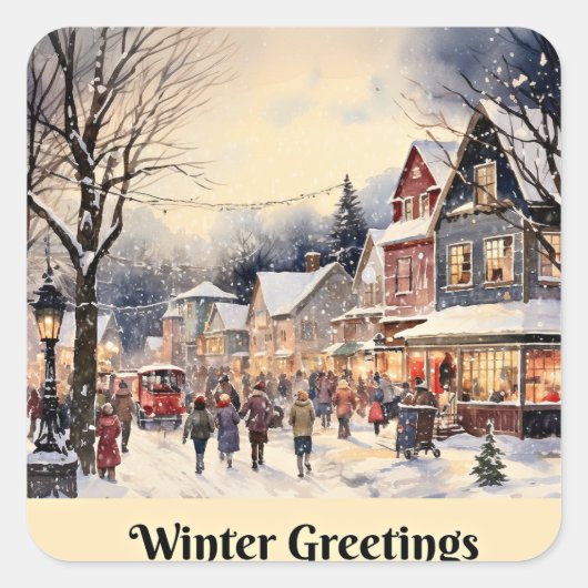 冬のあいさつ、雪の多い街の通り、 スクエアシール (正面)