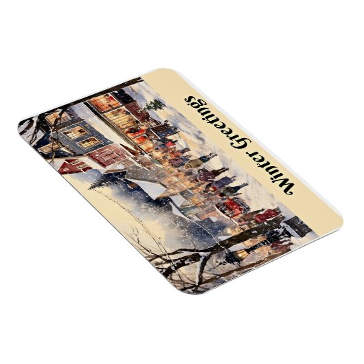 冬のあいさつ、雪の多い街の通り、 マグネット (右側)