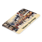 冬のあいさつ、雪の多い街の通り、 マグネット (左側)