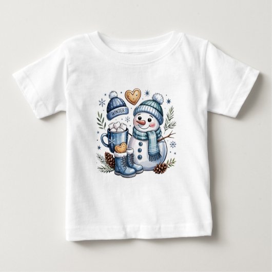 冬のあたたかな雪だるま ベビーTシャツ (正面)