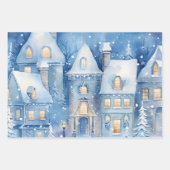 冬のおとぎ話の雪の家のシーンブルーとホワイト ラッピングペーパーシート (正面3)