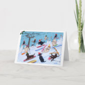 冬のおもしろいのクリスマスのスキーラブラドールの絵を描くこと シーズンカード (正面)