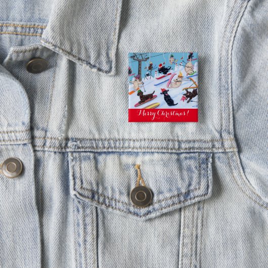 冬のおもしろいのクリスマスのスキーラブラドールの絵を描くこと 缶バッジ (インサイチュ)