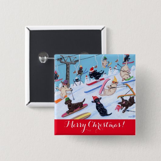 冬のおもしろいのクリスマスのスキーラブラドールの絵を描くこと 缶バッジ (正面&裏面)