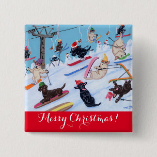 冬のおもしろいのクリスマスのスキーラブラドールの絵を描くこと 缶バッジ