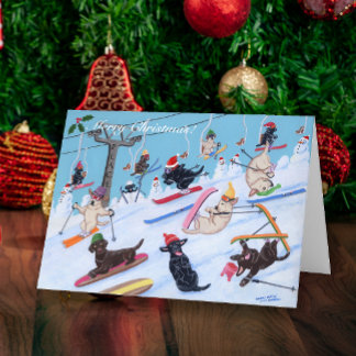 冬のおもしろいのクリスマスのスキーラブラドールの絵画 シーズンカード