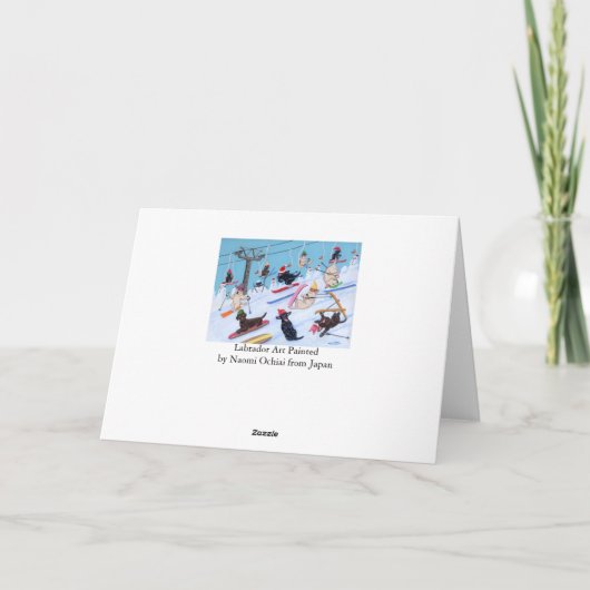 冬のおもしろいのクリスマスのスキーラブラドールの絵画 シーズンカード (裏面)