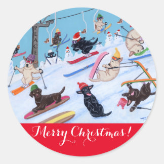 冬のおもしろいクリスマススキーラブラドール絵画ズ ラウンドシール