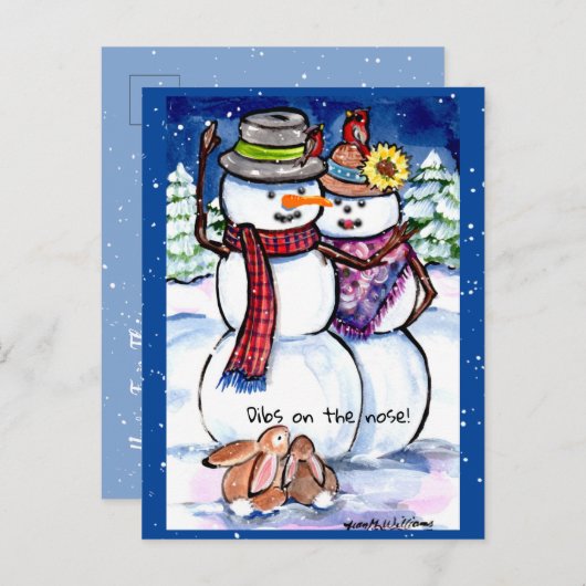 冬のおもしろいクリスマス雪だるまウサギニンジン鼻 ポストカード (正面/裏面)