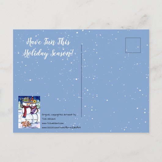 冬のおもしろいクリスマス雪だるまウサギニンジン鼻 ポストカード (裏面)