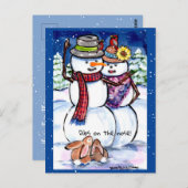 冬のおもしろいクリスマス雪だるまウサギニンジン鼻 ポストカード (正面/裏面)