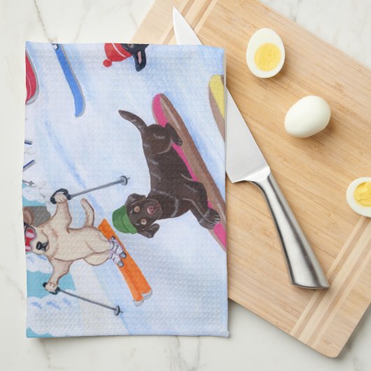 冬のおもしろいスキーラブラドール キッチンタオル (四つ折り)