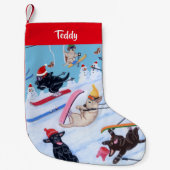 冬のおもしろいパーソナライズされたクリスマススキーラブラドール スモールクリスマスストッキング (正面)