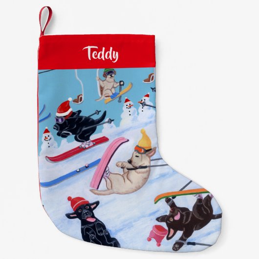 冬のおもしろいパーソナライズされたクリスマススキーラブラドール スモールクリスマスストッキング (正面)