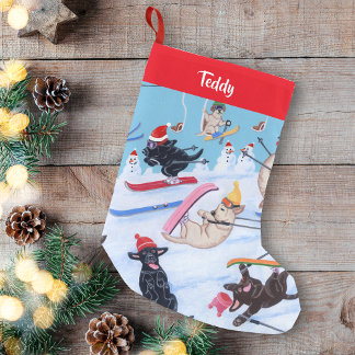 冬のおもしろいパーソナライズされたクリスマススキーラブラドール スモールクリスマスストッキング