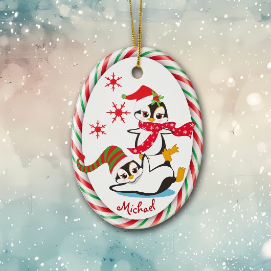冬のおもしろいペンギンキャンディーケーンフレーム セラミックオーナメント