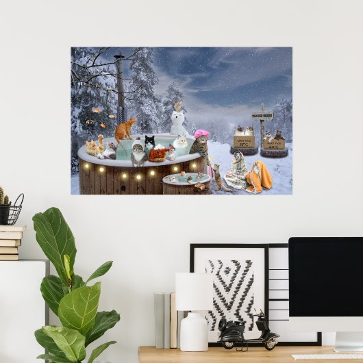 冬のおもしろい猫が熱い浴槽の猫好きアート ポスター (ホームオフィス)