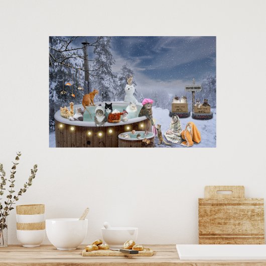 冬のおもしろい猫が熱い浴槽の猫好きアート ポスター (キッチン)