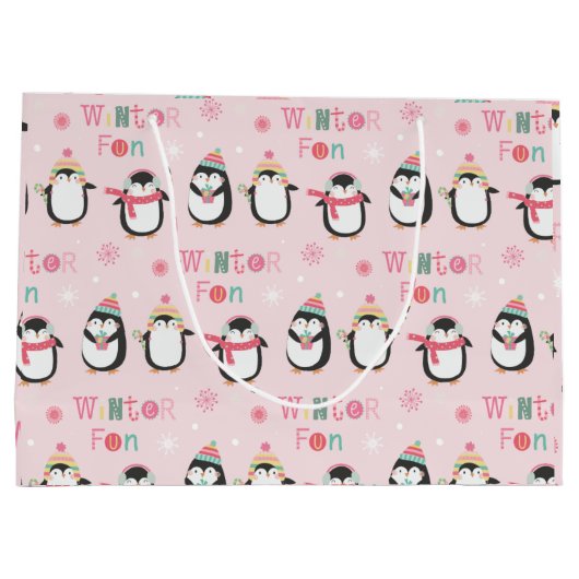 冬のおもしろい |かわいいピンクのペンギンのクリスマス ラージペーパーバッグ (裏面)
