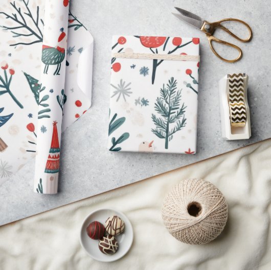 冬のお洒落クリスマスパターン ラッピングペーパー (クラフト)