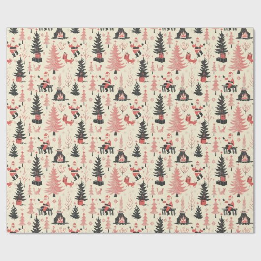 冬のお洒落シーン:サンタ、暖炉、クリーム ラッピングペーパー (フラット)