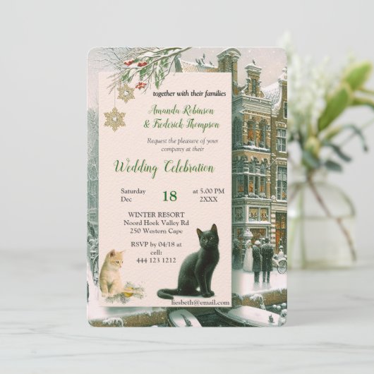 冬のお祝いと子猫 招待状 (スタンド正面)