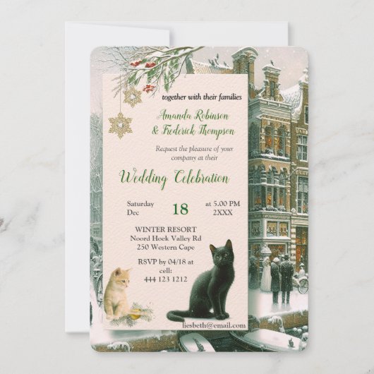 冬のお祝いと子猫 招待状 (正面)