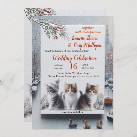 冬のお祝いは雪の中で、または太陽の中で。 招待状 (正面/裏面)