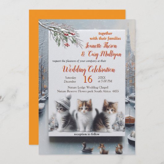 冬のお祝いは雪の中で、または太陽の中で。 招待状 (正面/裏面)