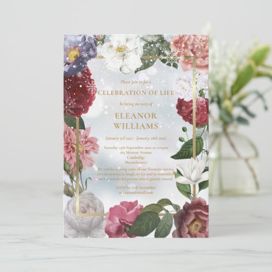 冬のお祝いライフ葬儀フローラ写真 招待状 (スタンド正面)