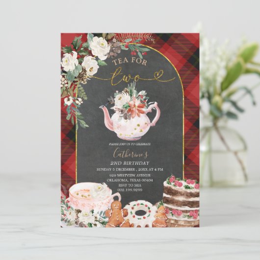 冬のお茶のための2つの格子状のクリスマス2nd誕生日 招待状 (スタンド正面)