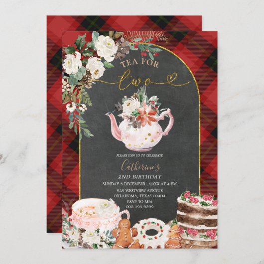 冬のお茶のための2つの格子状のクリスマス2nd誕生日 招待状 (正面/裏面)