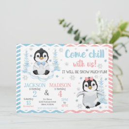 冬のかわいいペンギンのジョイントバースデー 招待状