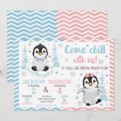 冬のかわいいペンギンのジョイントバースデー 招待状 (正面/裏面)