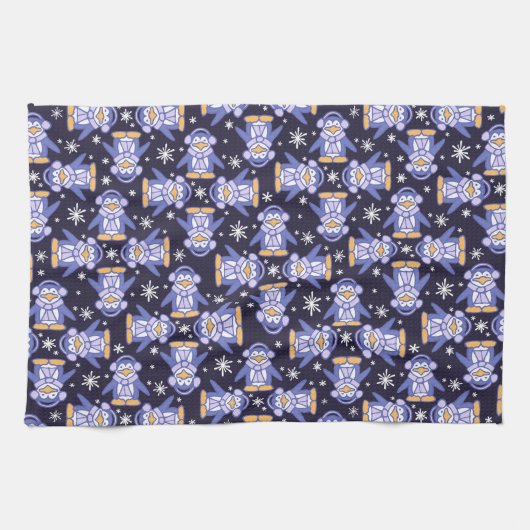 冬のかわいいペンギンのパターン（の模様が）あるなプリントの台所タオル キッチンタオル (横)
