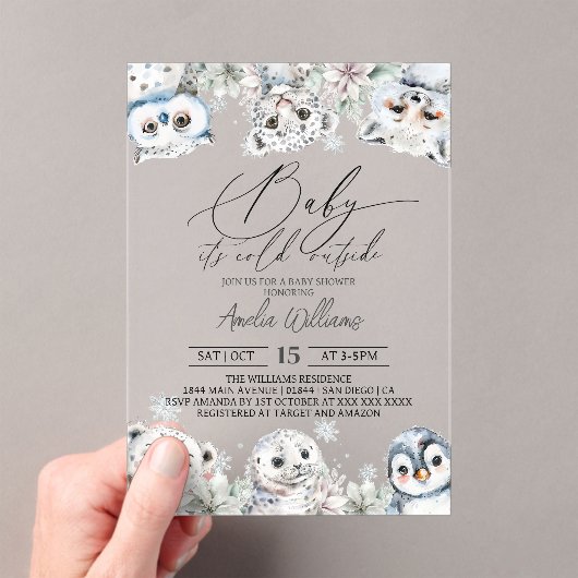 冬のかわいい北極動物の赤ちゃんシャワー アクリル招待状 (インサイチュ (ポータブル))