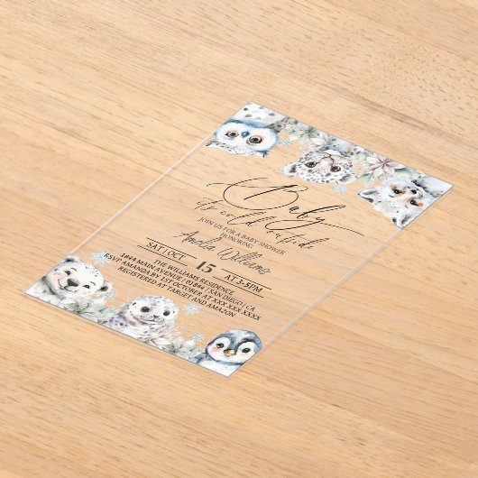 冬のかわいい北極動物の赤ちゃんシャワー アクリル招待状 (レイダウン)