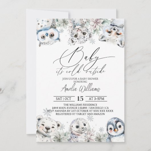 冬のかわいい北極動物の赤ちゃんシャワー 招待状 (正面)
