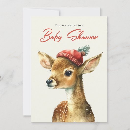 冬のかわいい森林動物の鹿の赤ちゃんシャワー 招待状 (正面)