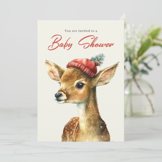 冬のかわいい森林動物の鹿の赤ちゃんシャワー 招待状 (スタンド正面)