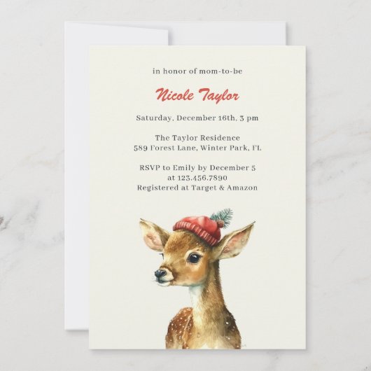 冬のかわいい森林動物の鹿の赤ちゃんシャワー 招待状 (裏面)