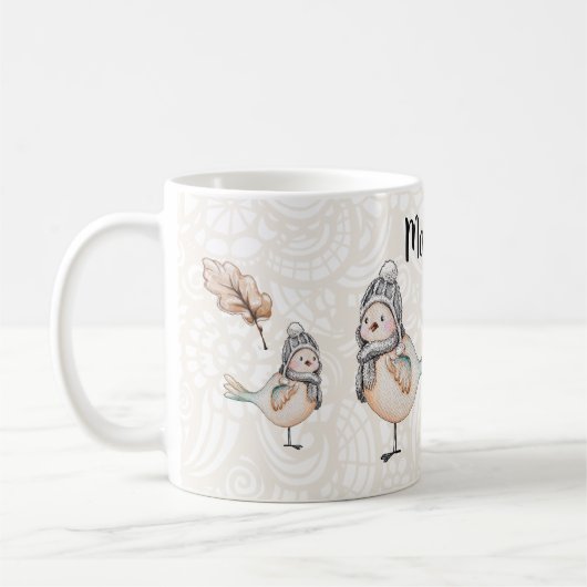 冬のかわいい雀のイラスト コーヒーマグカップ (左)