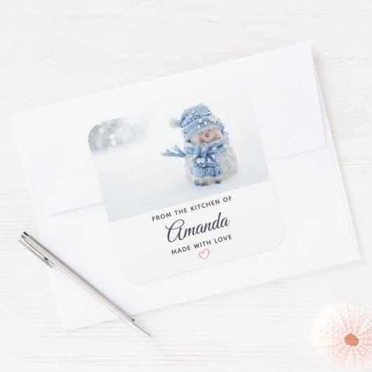 冬のかわいい雪だるまの写真 – クリスマス スクエアシール (封筒)