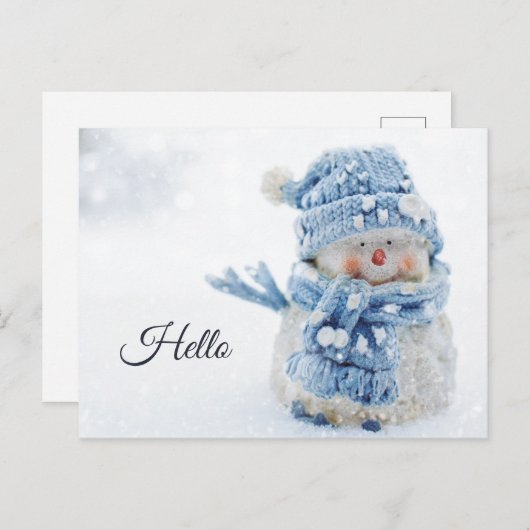 冬のかわいい雪だるまの写真 – Hello ポストカード (正面/裏面)